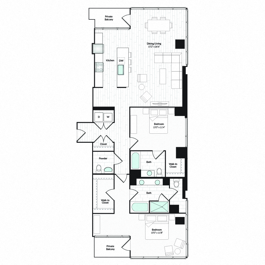 Floor plan for 2 beds, 2.5 baths, 1688 sqft